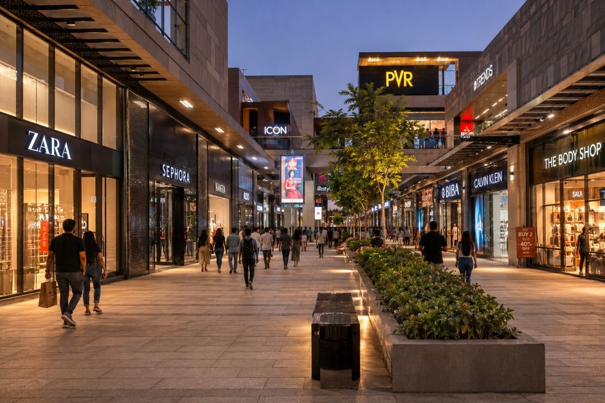 Retail shop layout and pedestrian-friendly design at DLF Gardencity Arcade
