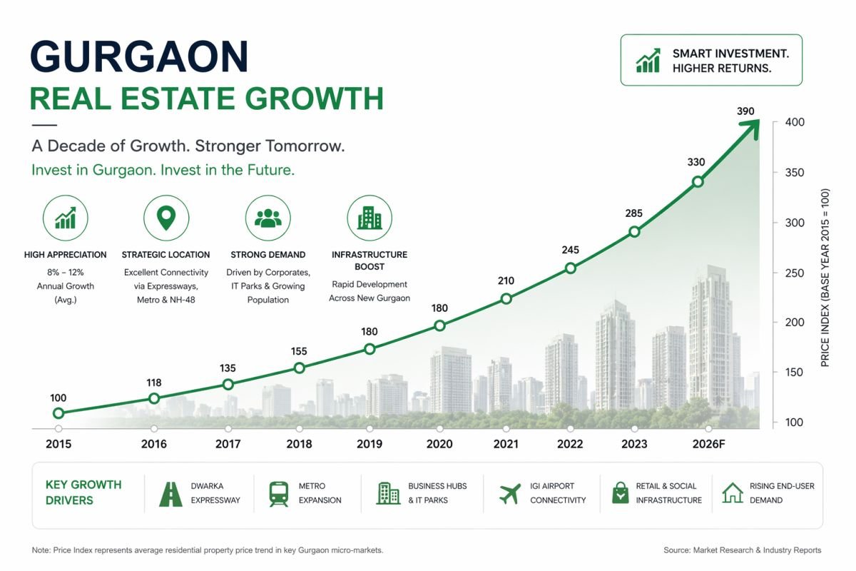 Dwarka Expressway property price growth trend Gurgaon investment infographic