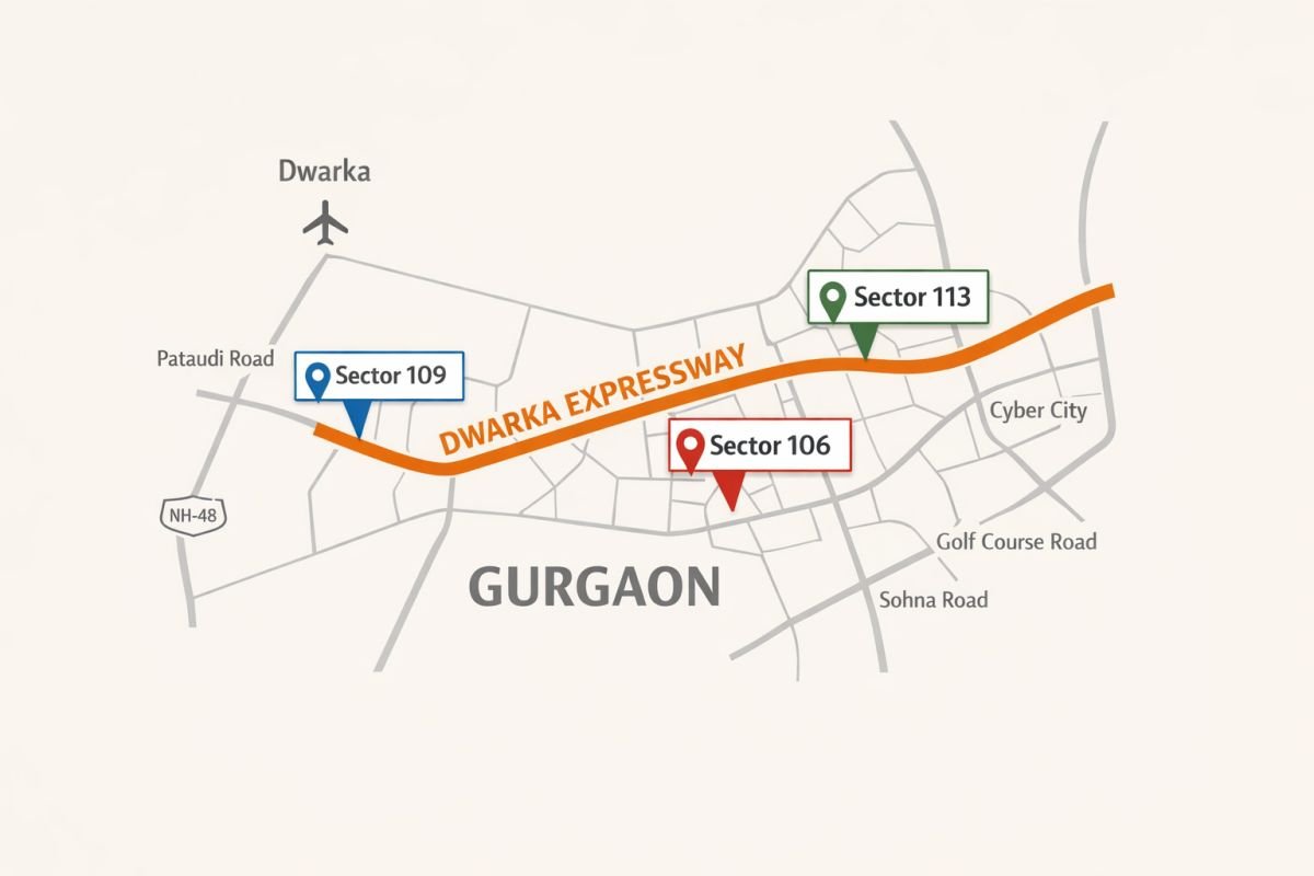 Map showing Sector 109, 113, and 106 near Dwarka Expressway Gurgaon
