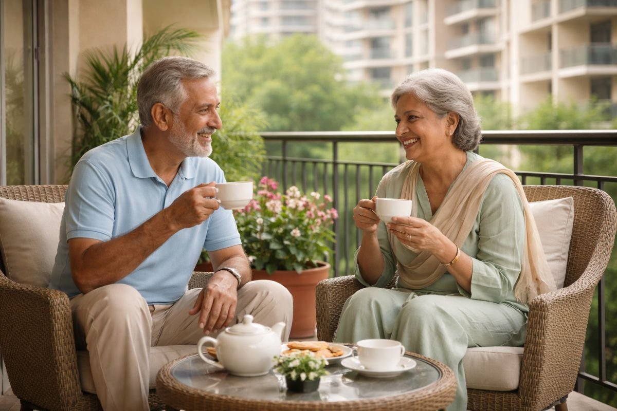 Elderly couple enjoying independent lifestyle in modern residential setting