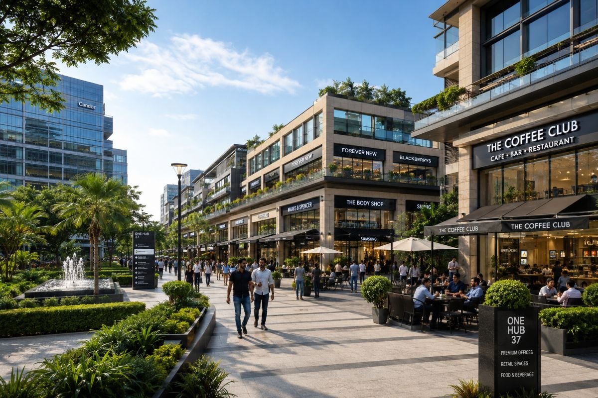 Landscaped commercial plaza at Emaar Business District 99