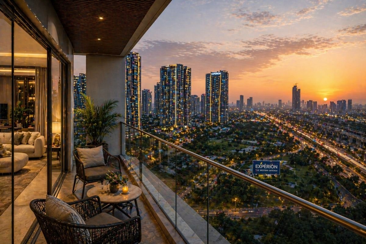 Balcony view from Experion The Heartsong apartment overlooking Gurgaon skyline