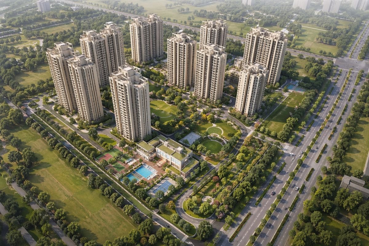 Experion The Heartsong Gurgaon aerial view showing low density green layout