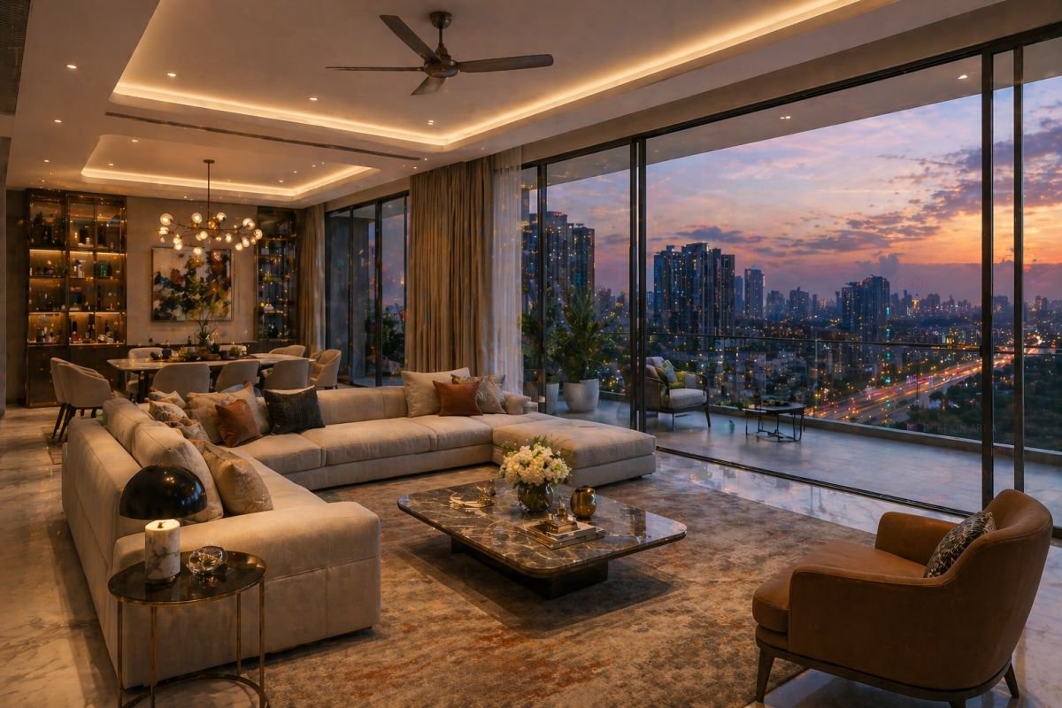 Experion The Trillion luxury apartment interior balcony Gurgaon skyline view