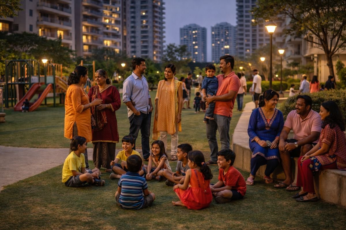 families and children interacting in residential society community space