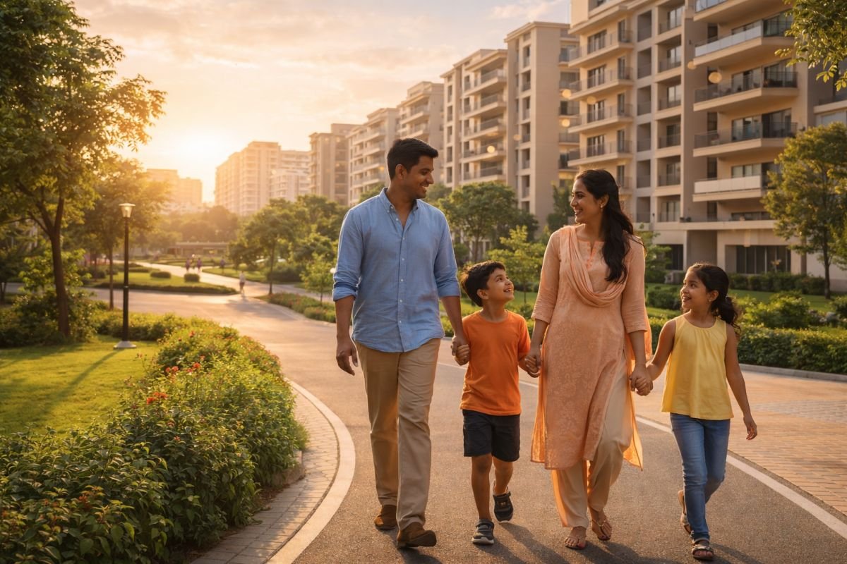Family walking in green gated community in Sector 89 Gurgaon