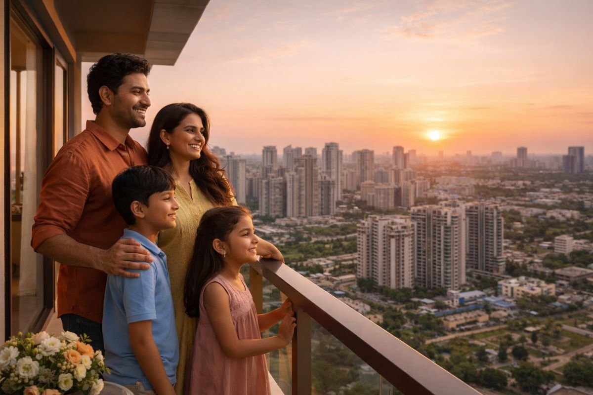 happy Indian family balcony modern apartment Gurgaon skyline sunset lifestyle investment