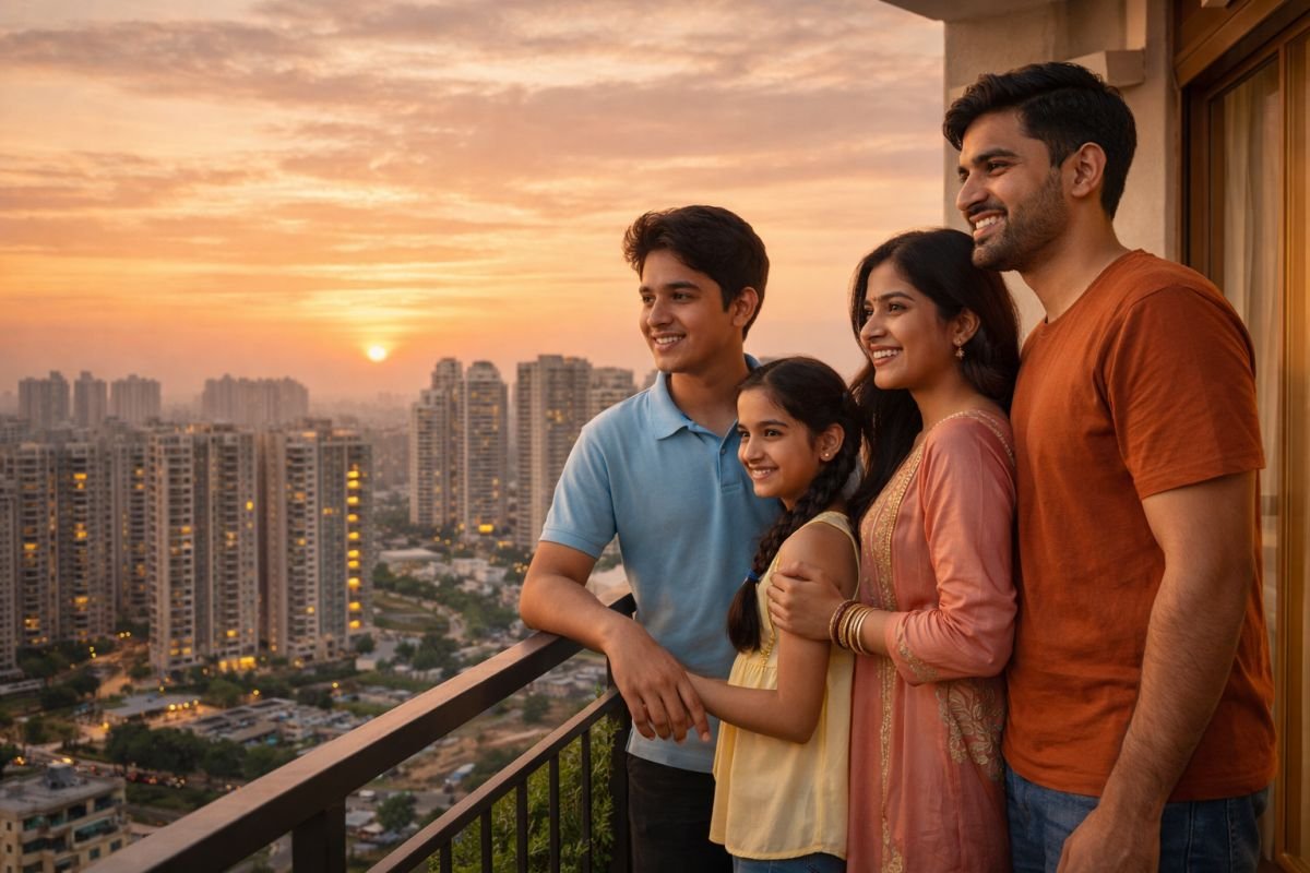 Indian family in modern apartment balcony Gurgaon skyline sunset lifestyle investment success