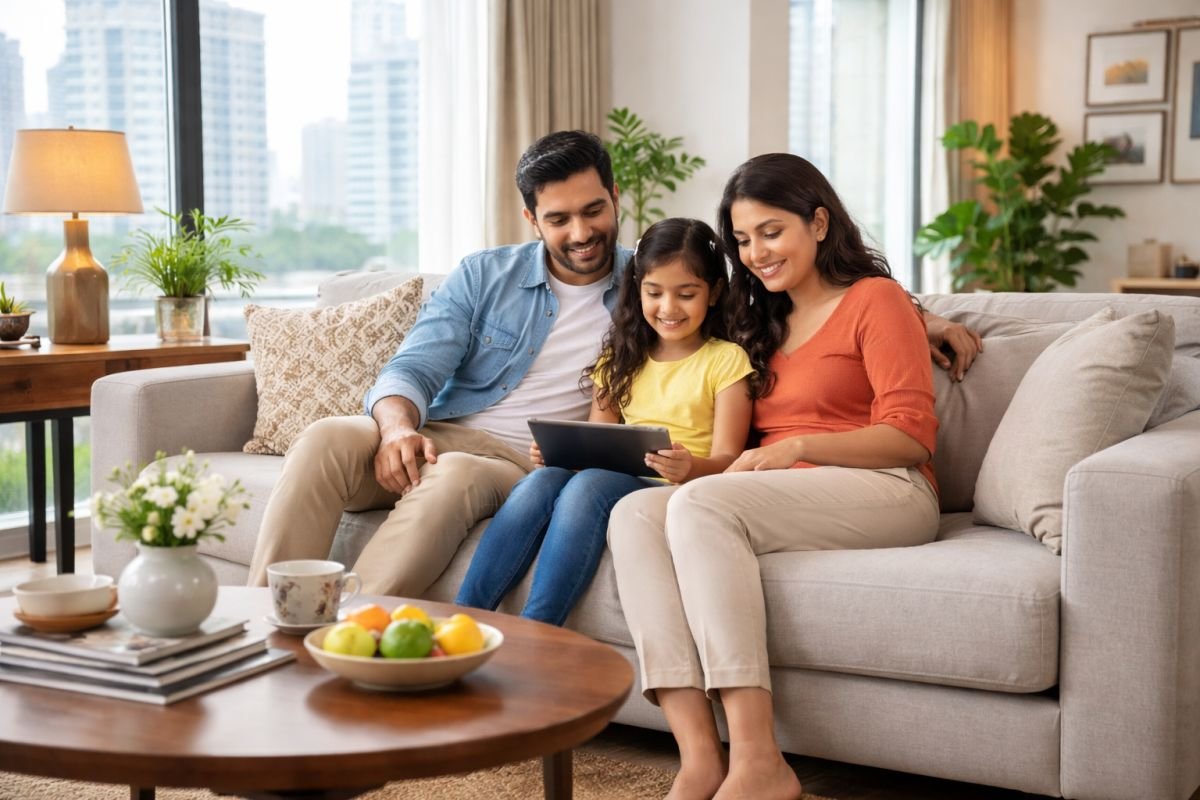 Family living comfortably in modern Gurgaon apartment interior