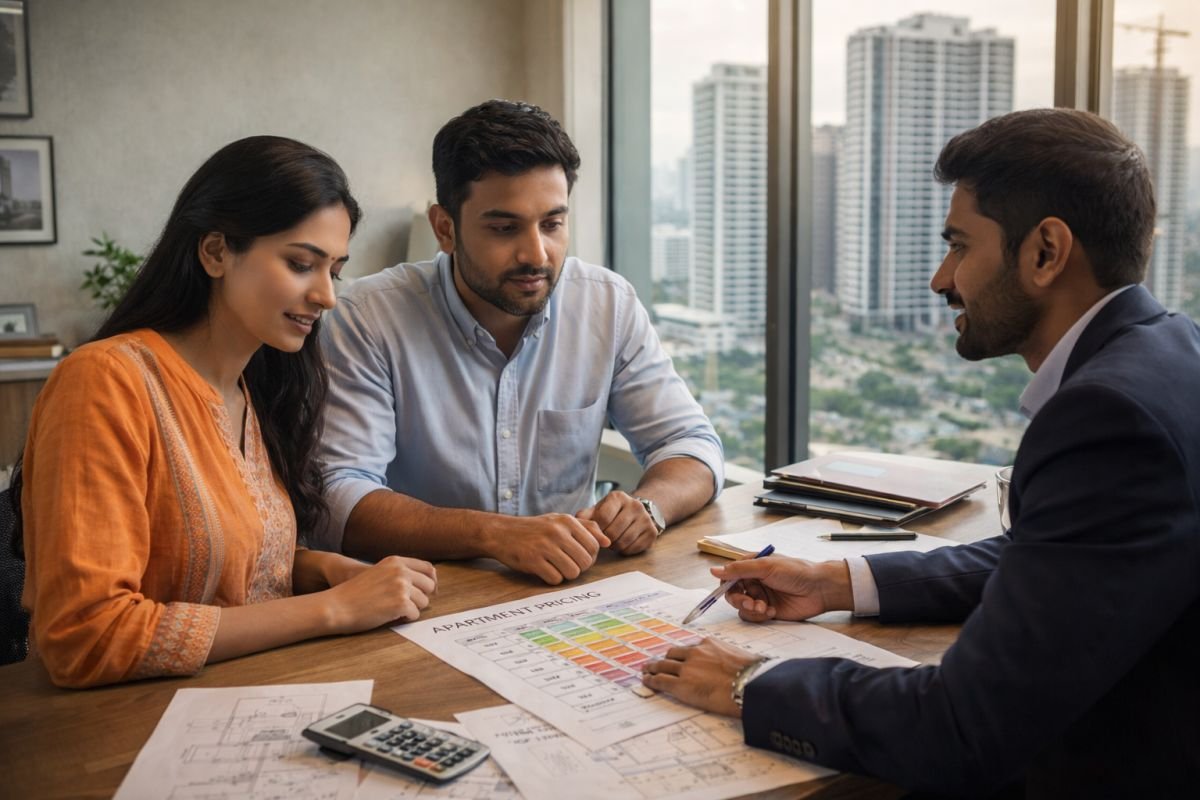 Buyers discussing apartment pricing and floor rise premium with sales advisor