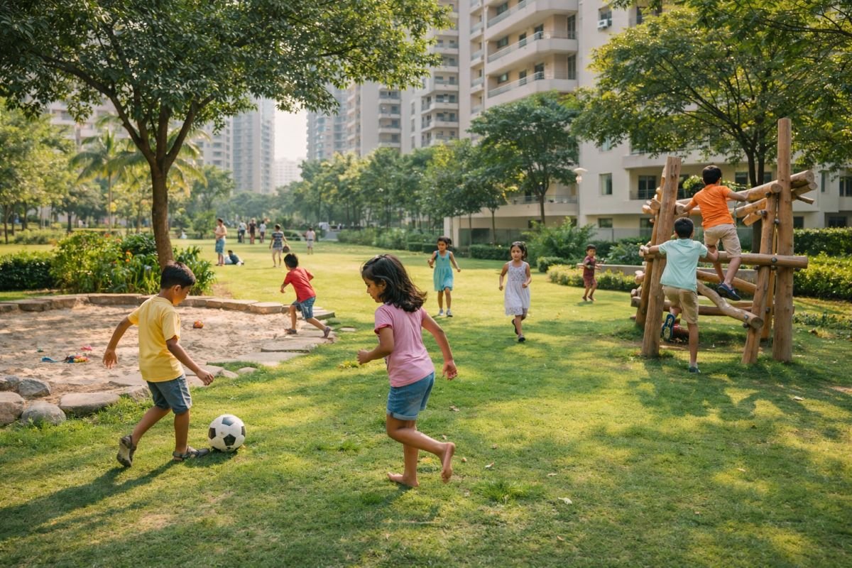 children playing in open natural play area with grass and trees in residential society
