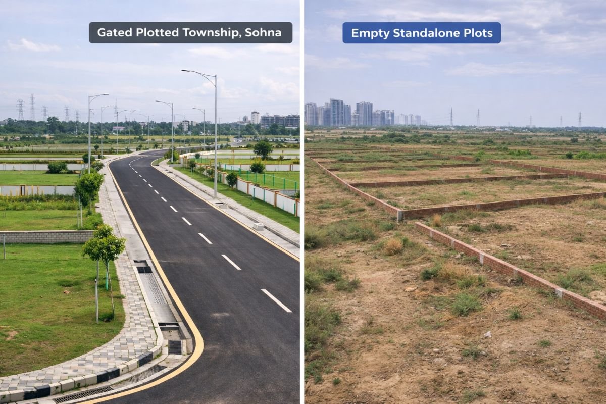 gated plotted township vs standalone plots Sohna infrastructure roads drainage comparison