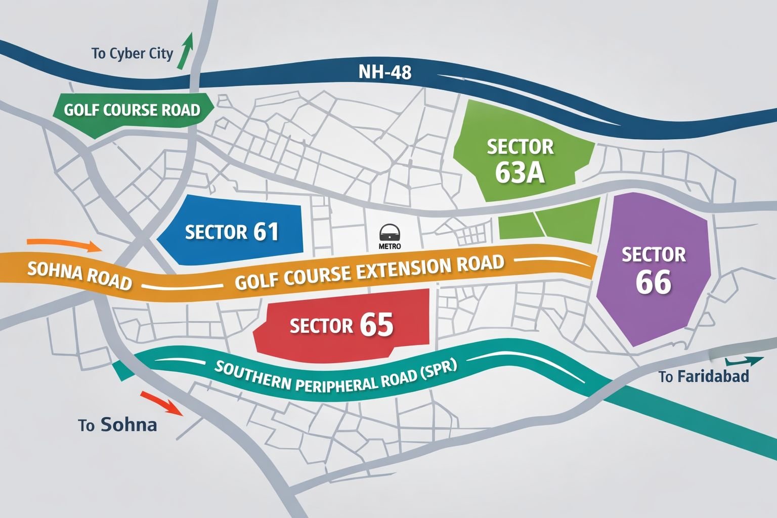 Golf Course Extension Road Gurgaon connectivity map with SPR and NH-48