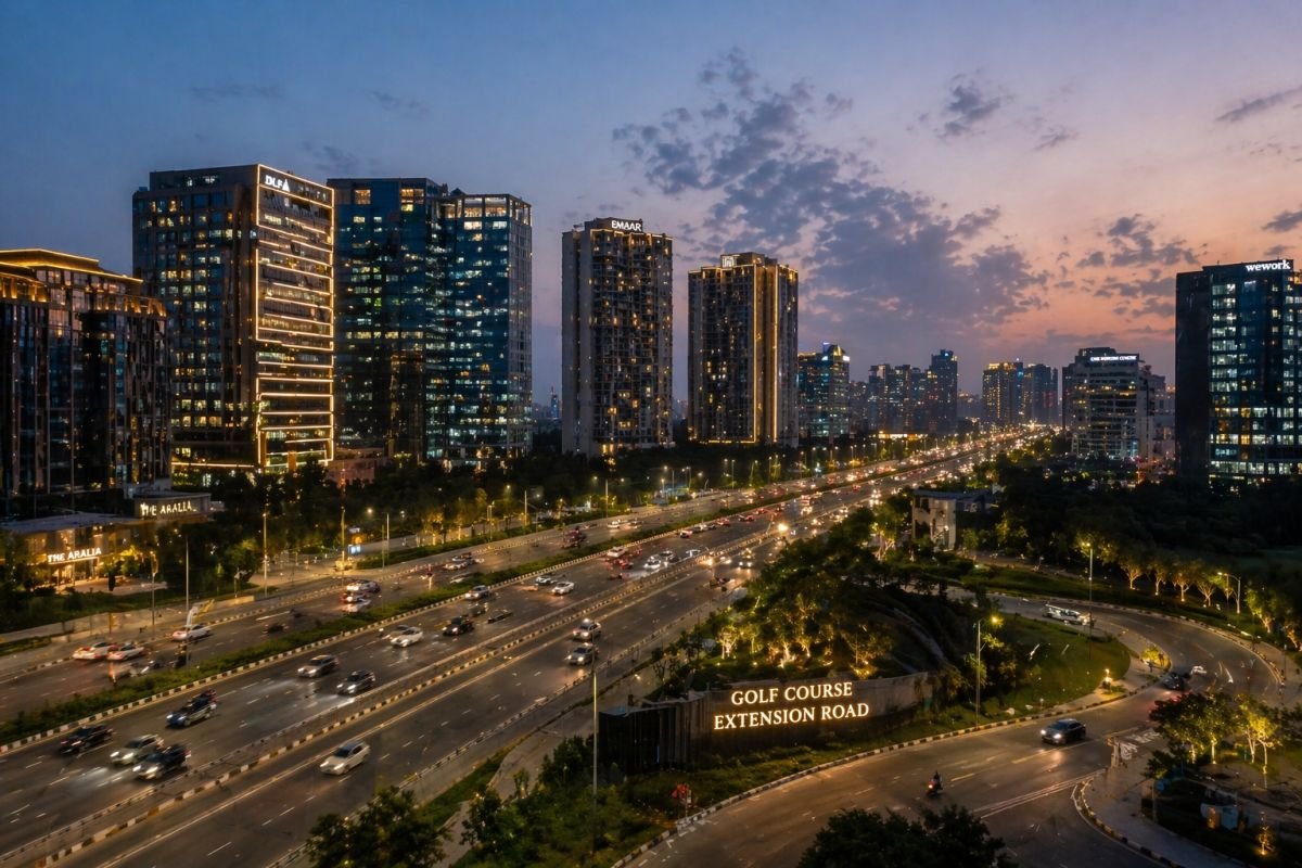 Golf Course Extension Road Gurgaon skyline infrastructure wide road modern city view