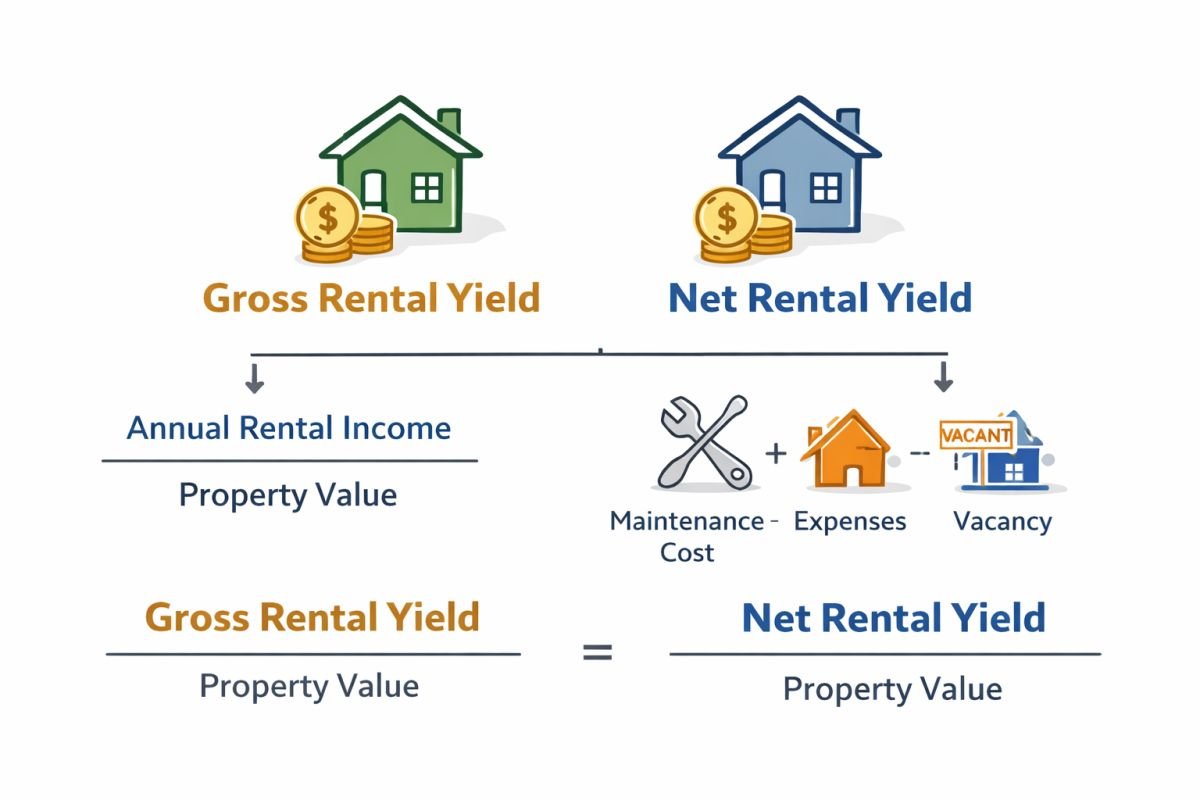 gross vs net rental yield calculation real estate infographic