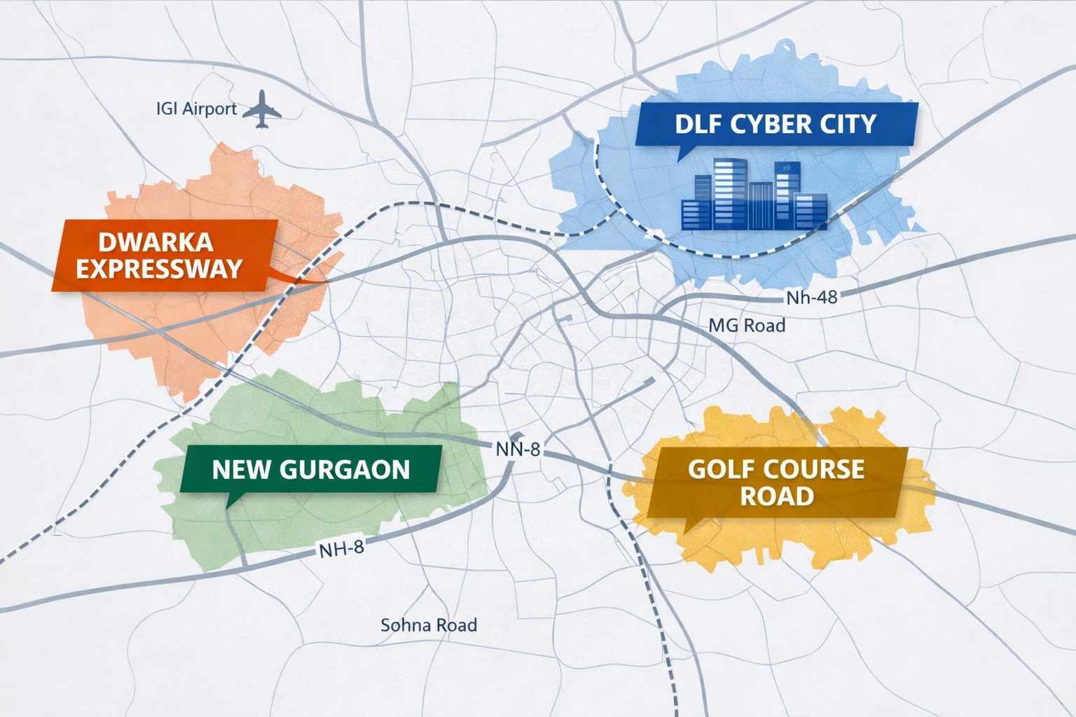 Map comparing Cyber City, Dwarka Expressway and New Gurgaon commercial investment corridors in 2026