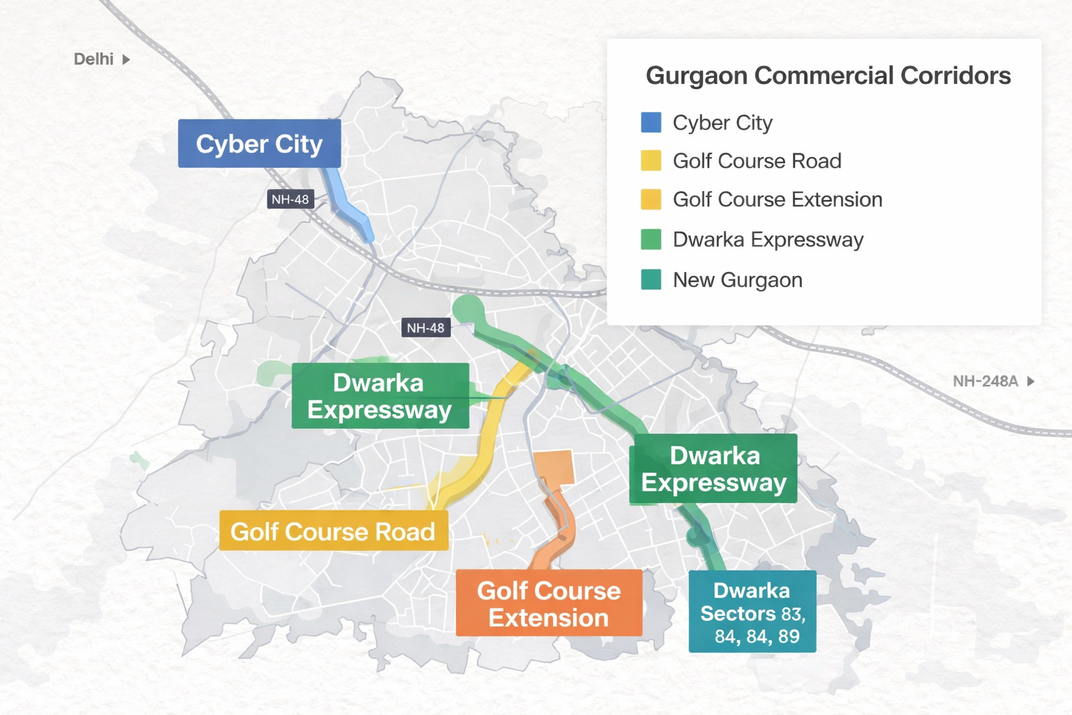 Map showing Gurgaon commercial corridors including Cyber City and Dwarka Expressway