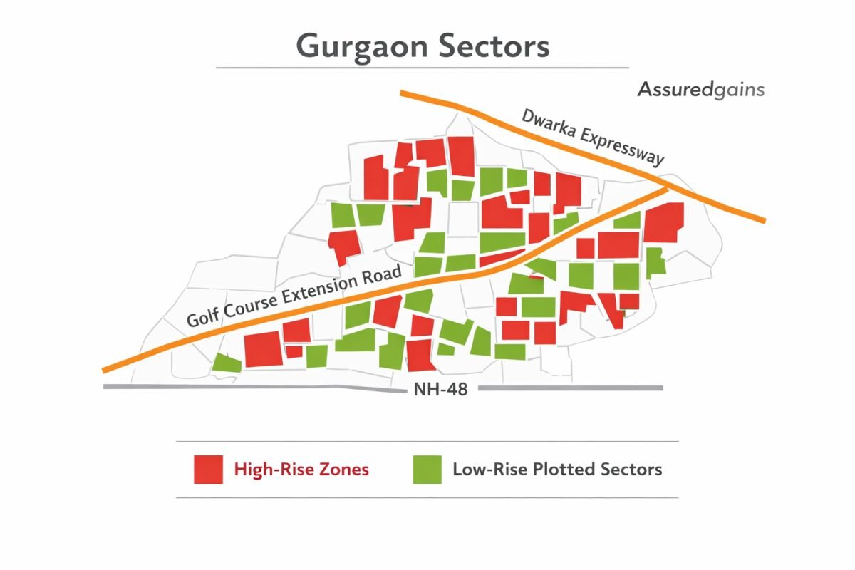 Gurgaon sectors high density vs low rise development map Golf Course Extension Dwarka Expressway
