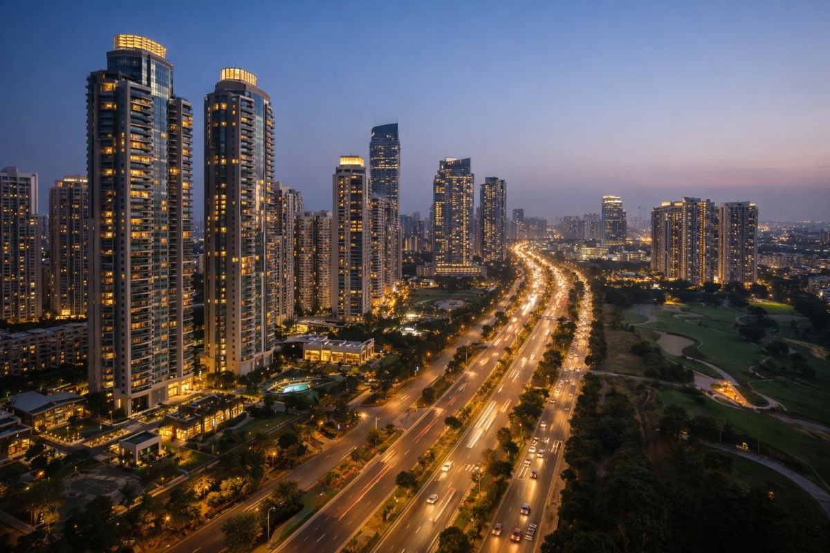 golf course road gurgaon skyline luxury residential towers evening view