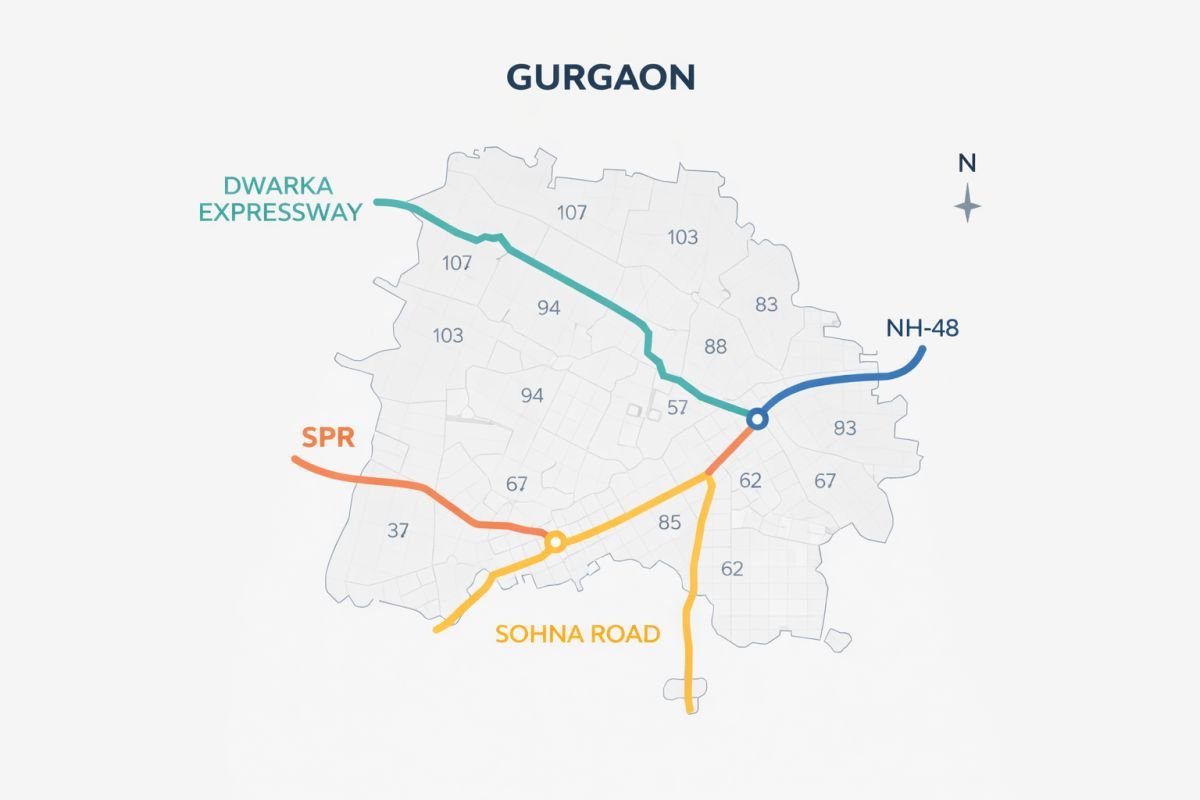 Gurgaon map highlighting Dwarka Expressway SPR Sohna NH48 corridors
