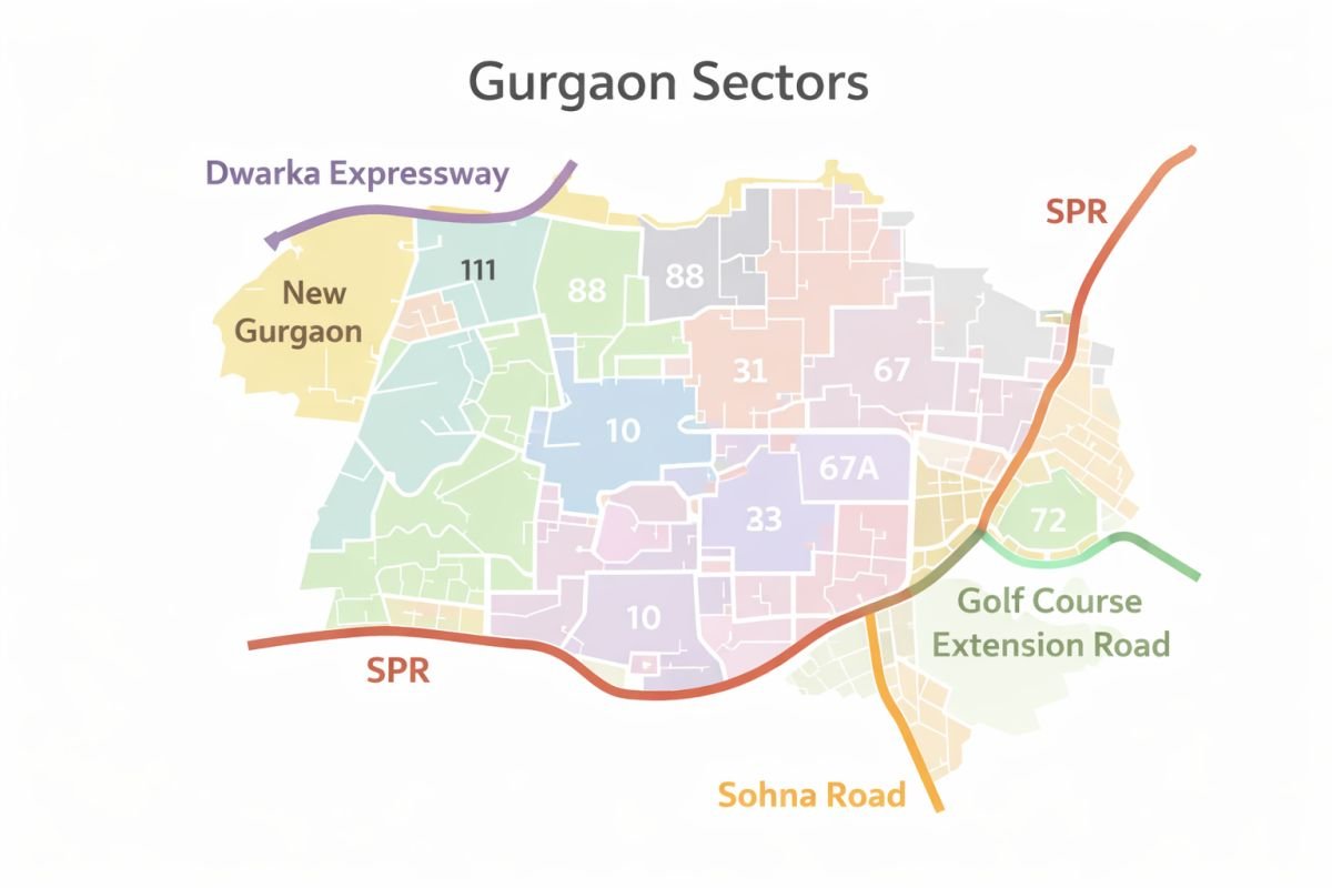 Gurgaon sectors map Dwarka Expressway SPR Sohna Golf Course Extension labeled