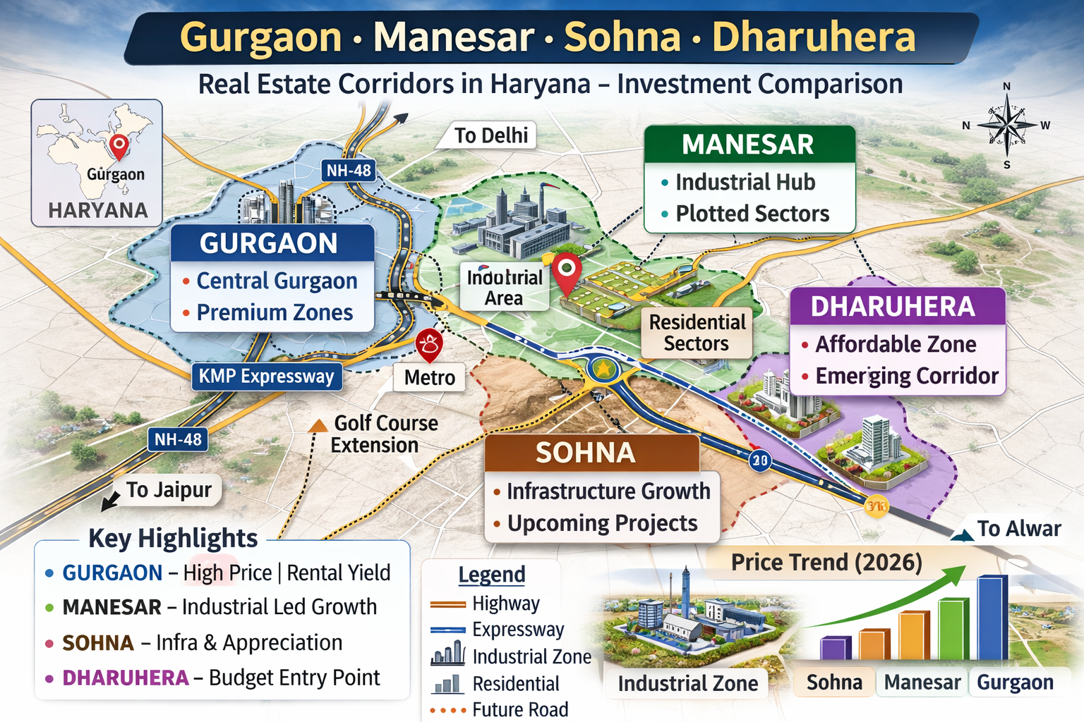 Comparison map of Gurgaon, Manesar, Sohna and Dharuhera investment corridors
