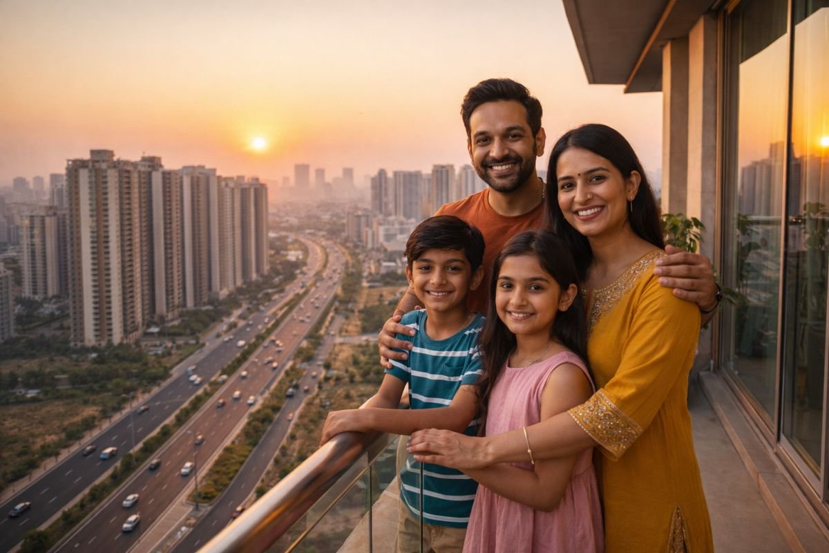 Indian family modern apartment Gurgaon skyline lifestyle real estate investment