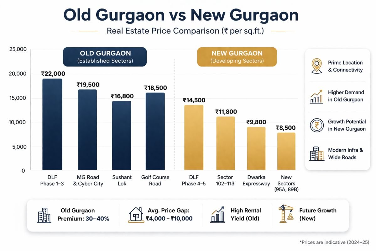 Old Gurgaon vs New Gurgaon property price comparison per sq ft chart 2026