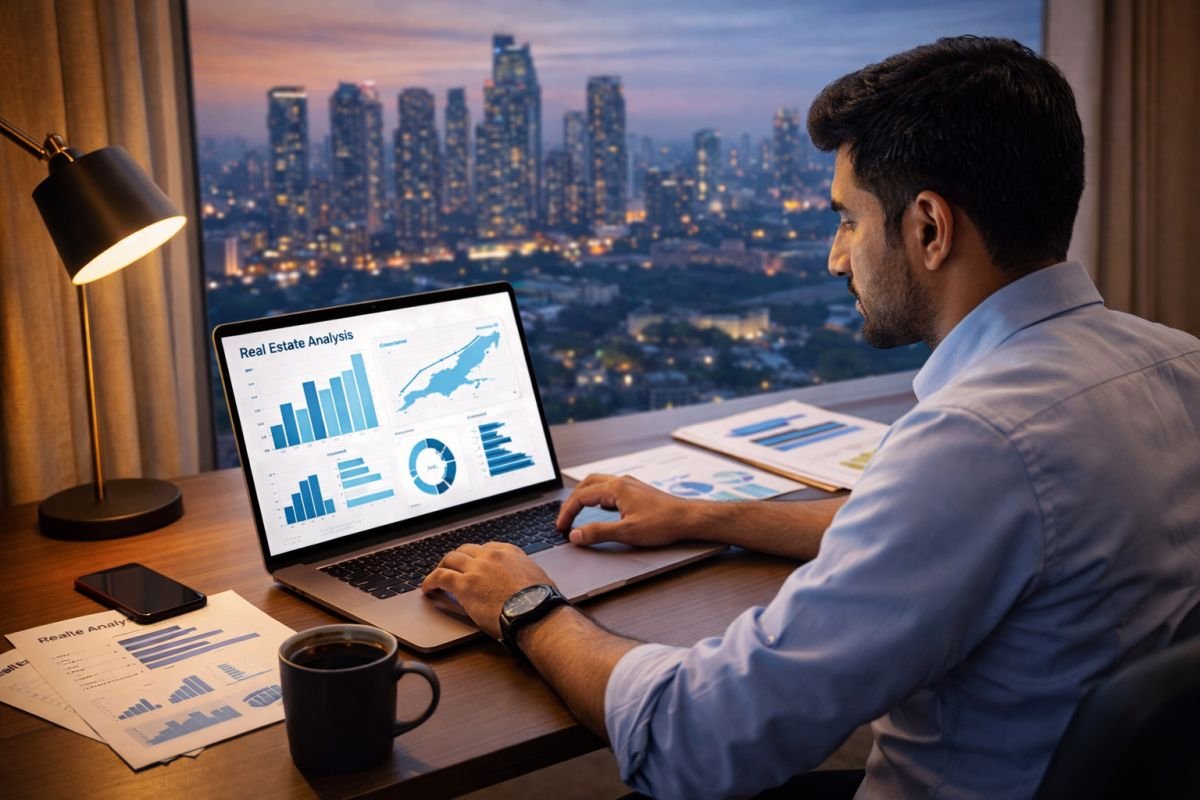 investor analyzing Gurgaon property investment options with charts and data