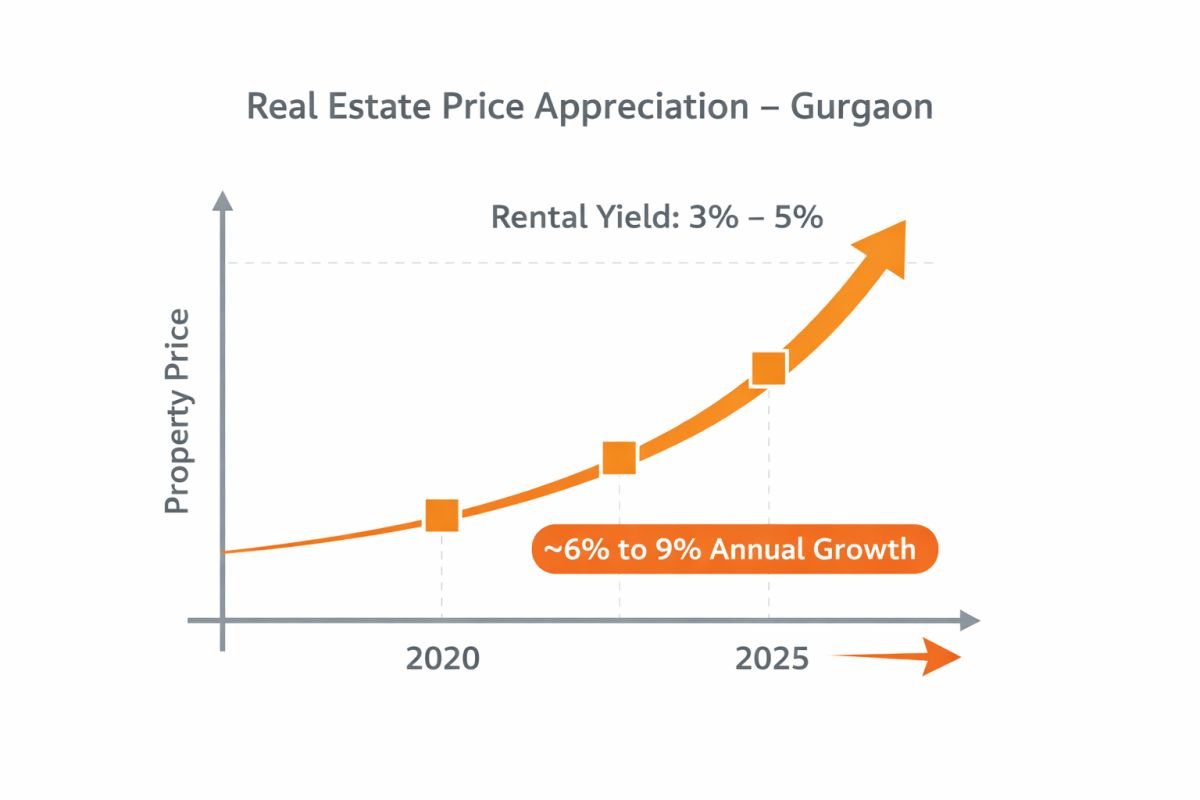 Gurgaon property price appreciation and rental yield graph