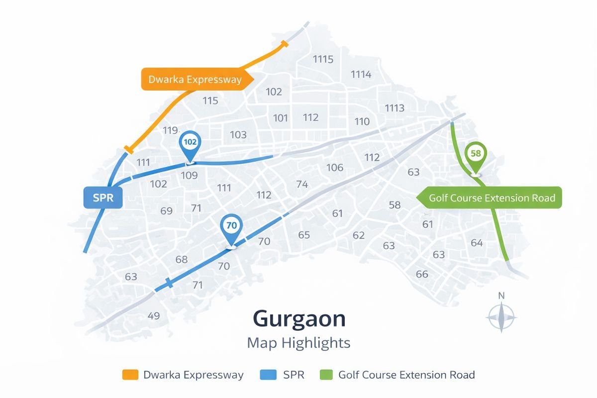 map showing Dwarka Expressway SPR and Golf Course Extension Road Gurgaon locations