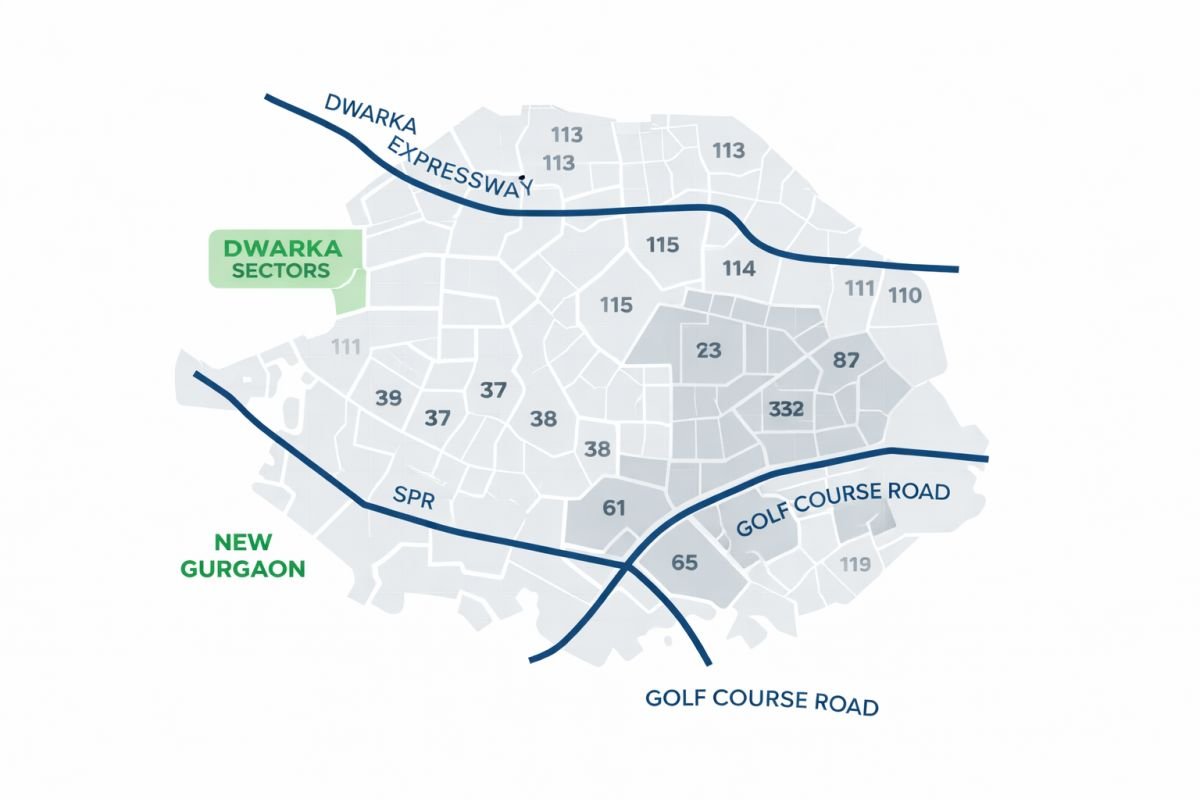 Gurgaon sectors map Dwarka Expressway SPR Golf Course Road New Gurgaon labeled