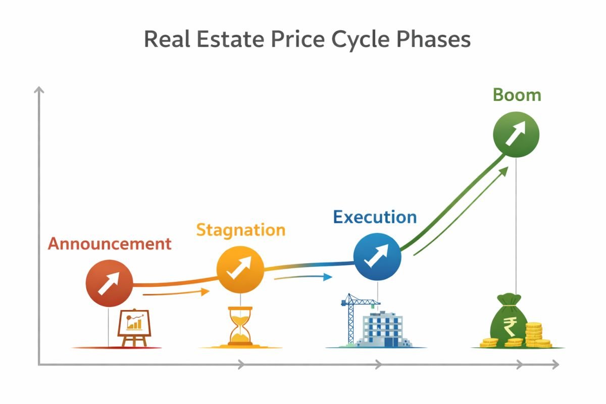 Gurgaon real estate price cycle announcement stagnation execution boom stages chart