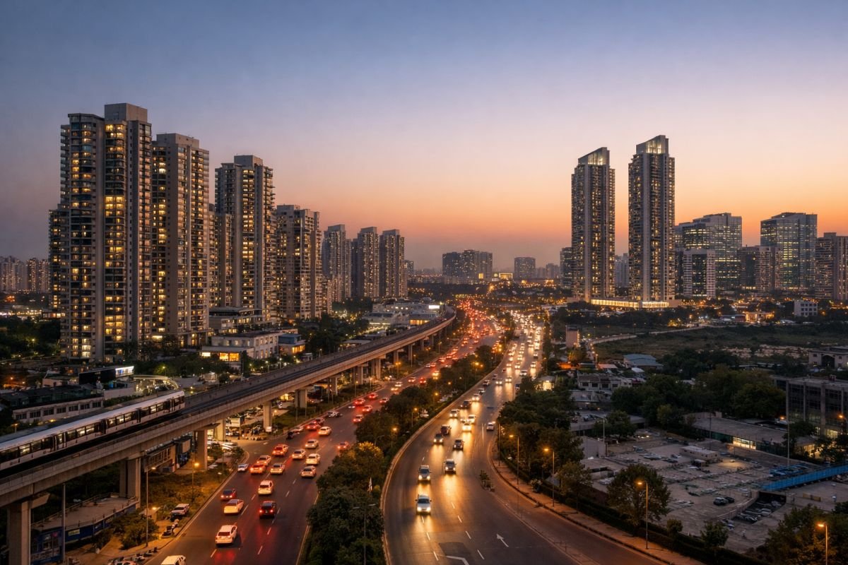 Modern residential projects in Gurgaon skyline with high-rise apartments