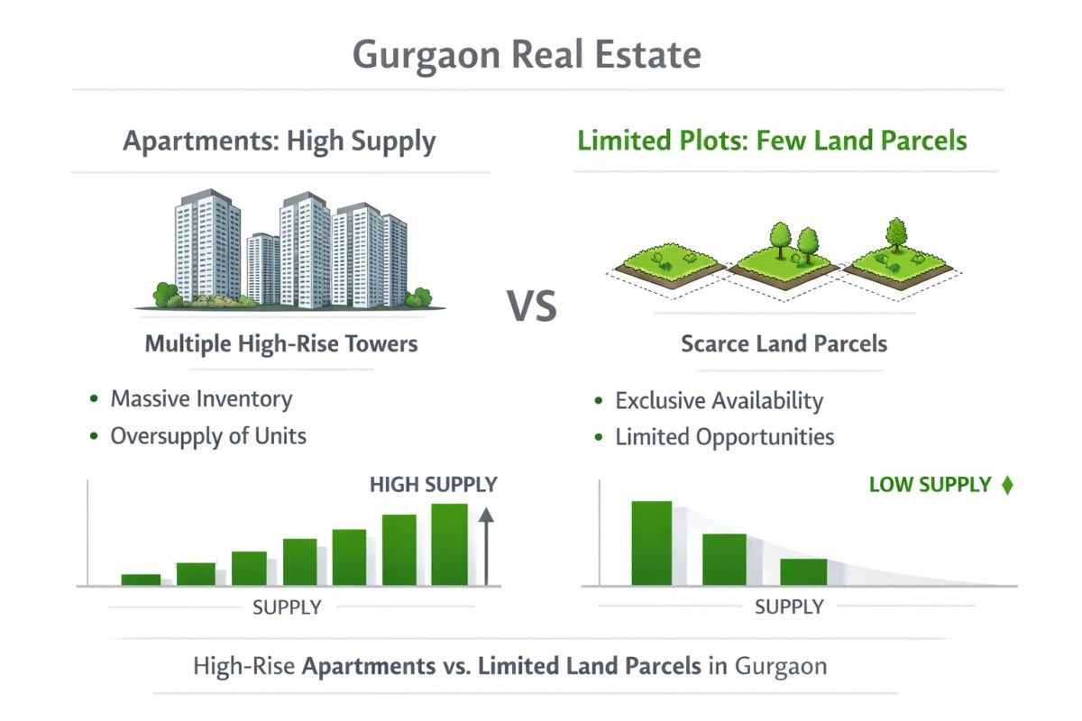 Gurgaon real estate oversupply apartments vs limited plots comparison infographic