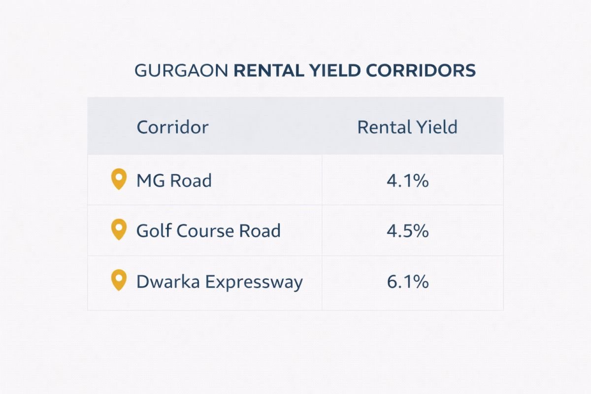 Gurgaon rental yield corridor comparison Dwarka SPR Sohna NH48 table