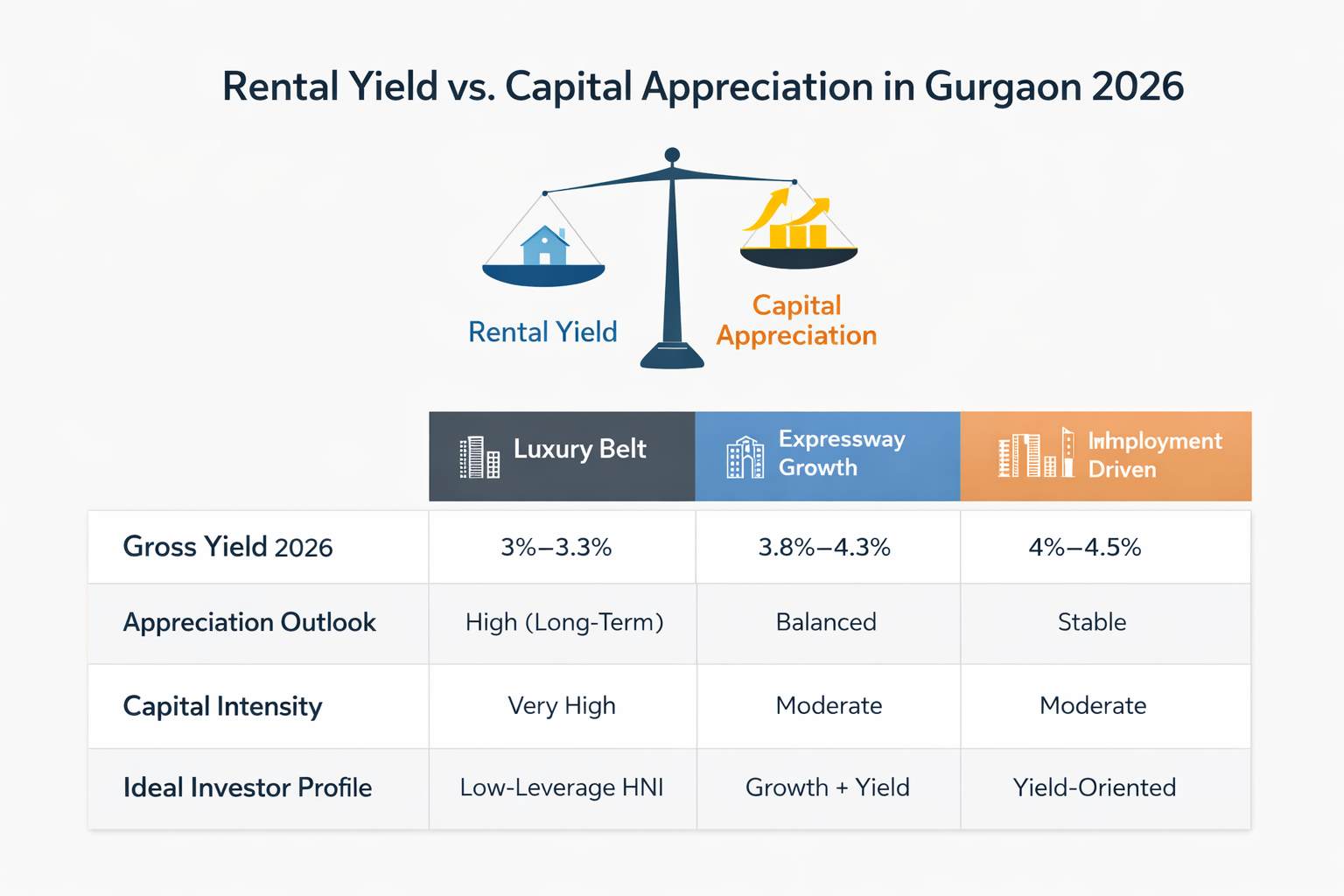 Infographic comparing rental yield and capital appreciation across Gurgaon sectors in 2026