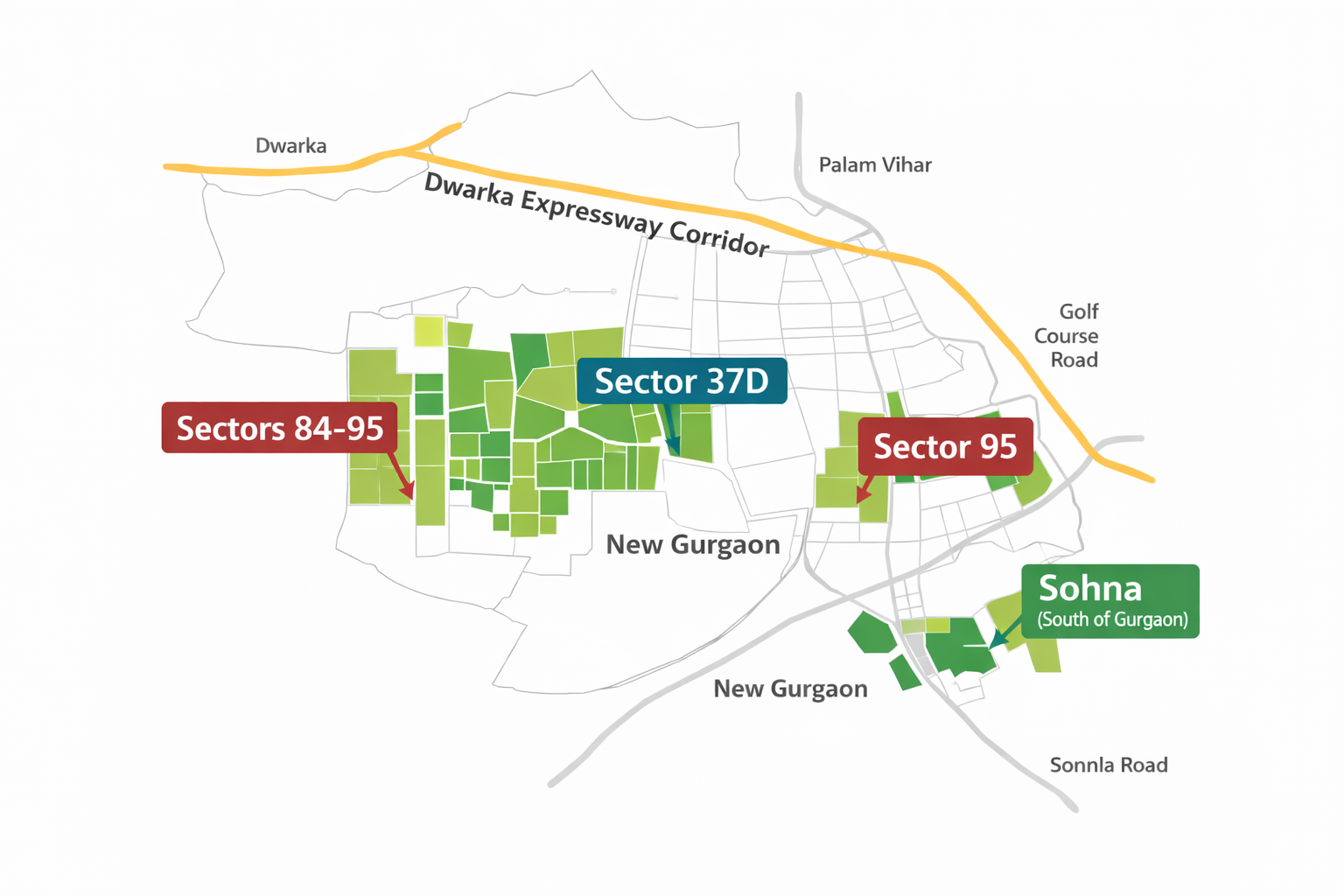 Gurgaon sector map showing New Gurgaon, Sohna and Dwarka Expressway corridors