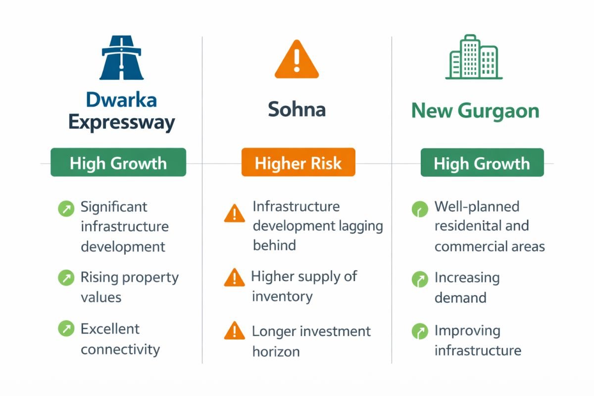 Gurgaon Sohna Dwarka Expressway comparison growth risk infographic