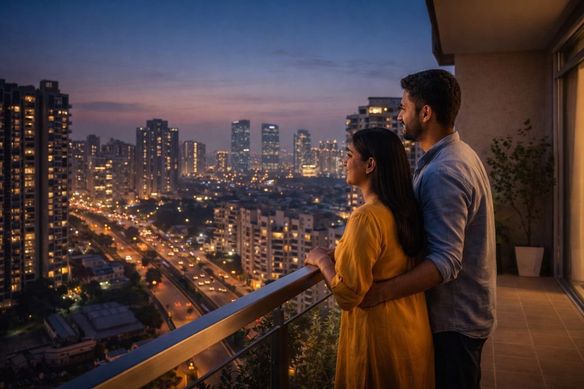 Young professionals living in modern Gurgaon apartment with city view