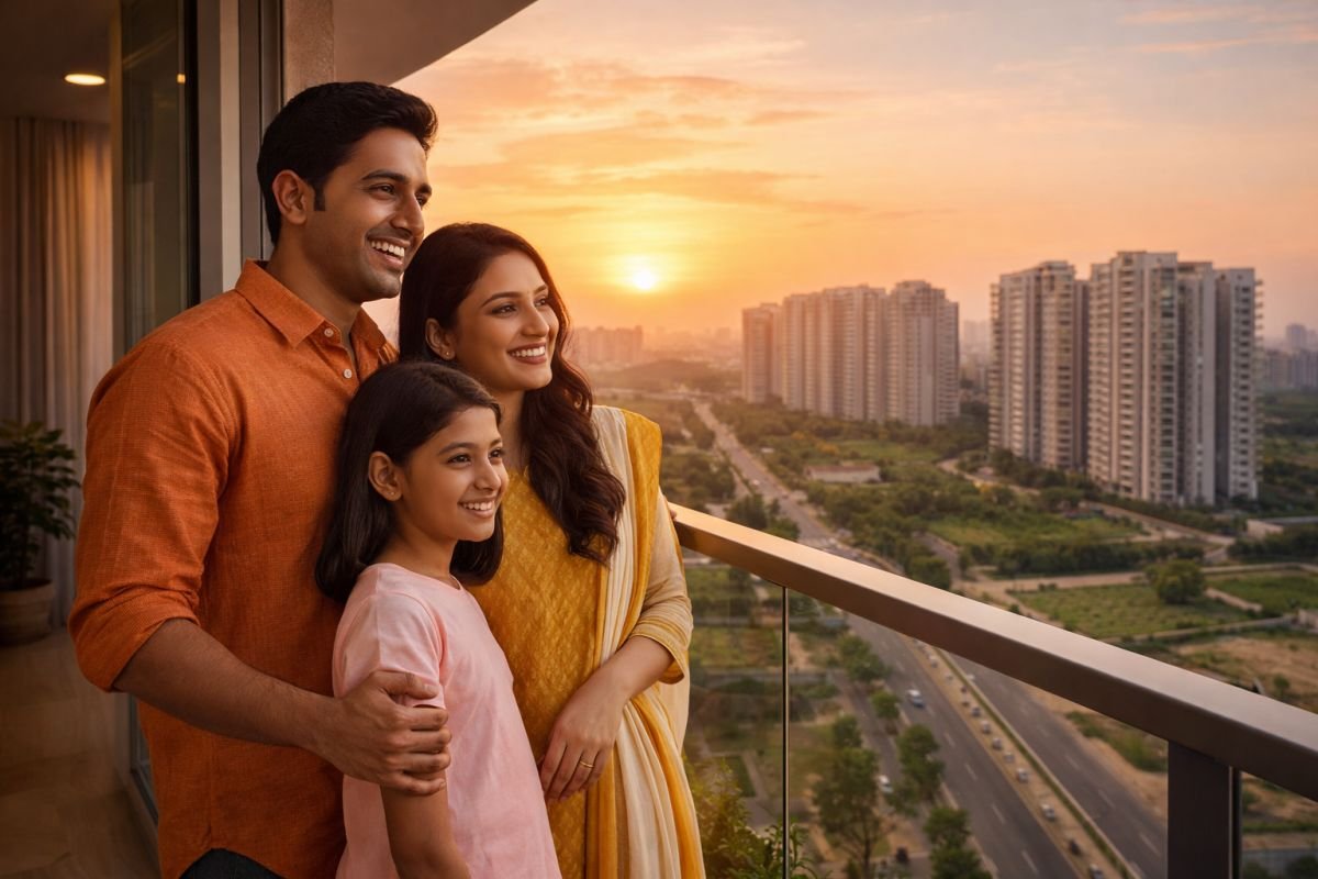 happy Indian family new home Gurgaon modern apartment investment success