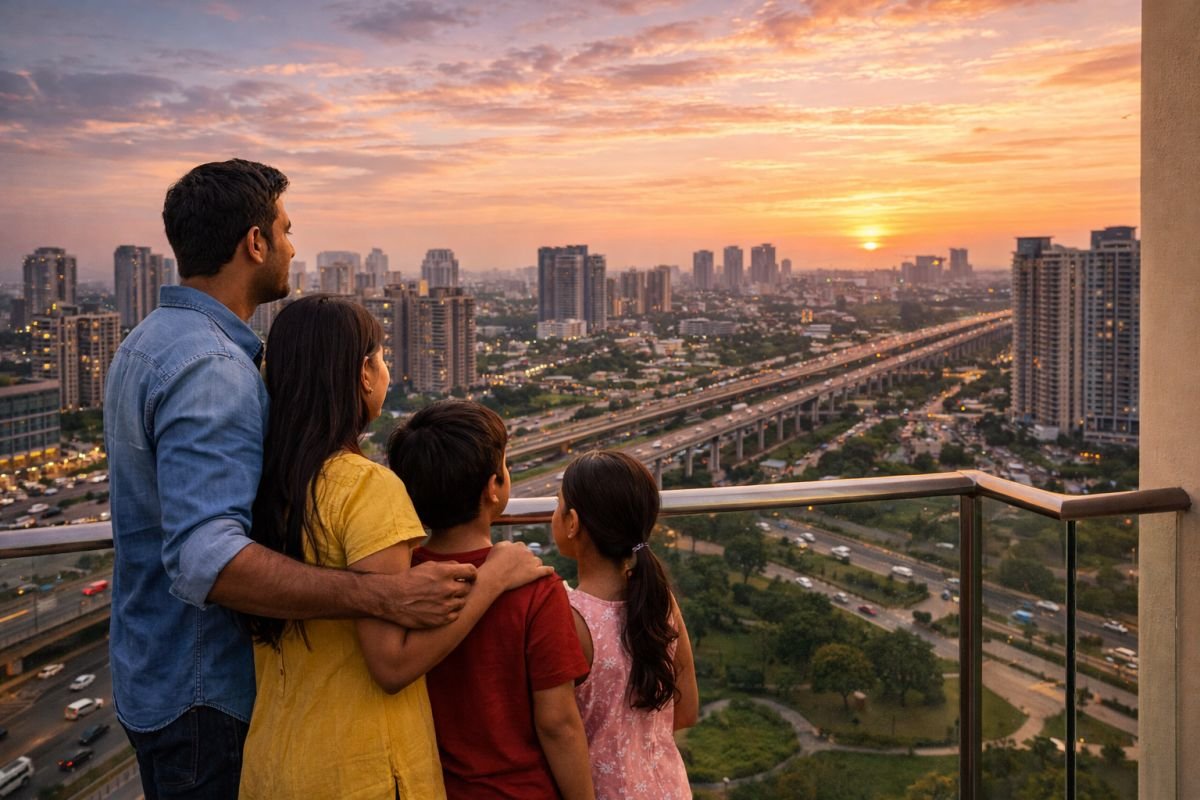happy Indian family new home Gurgaon apartment balcony