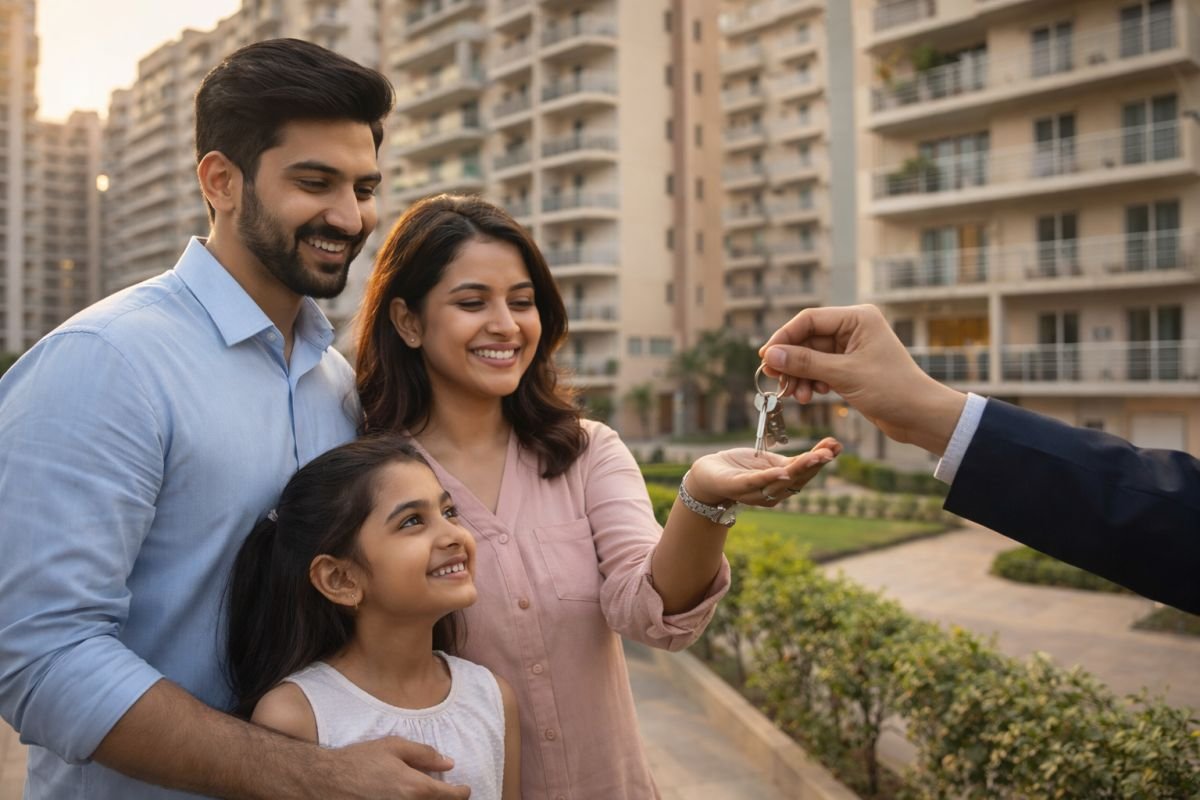 happy family receiving home keys Gurgaon apartment