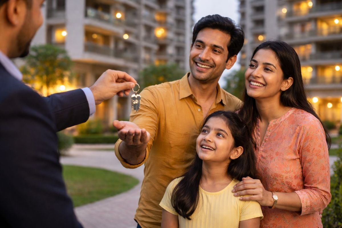 happy family receiving home keys new apartment Gurgaon