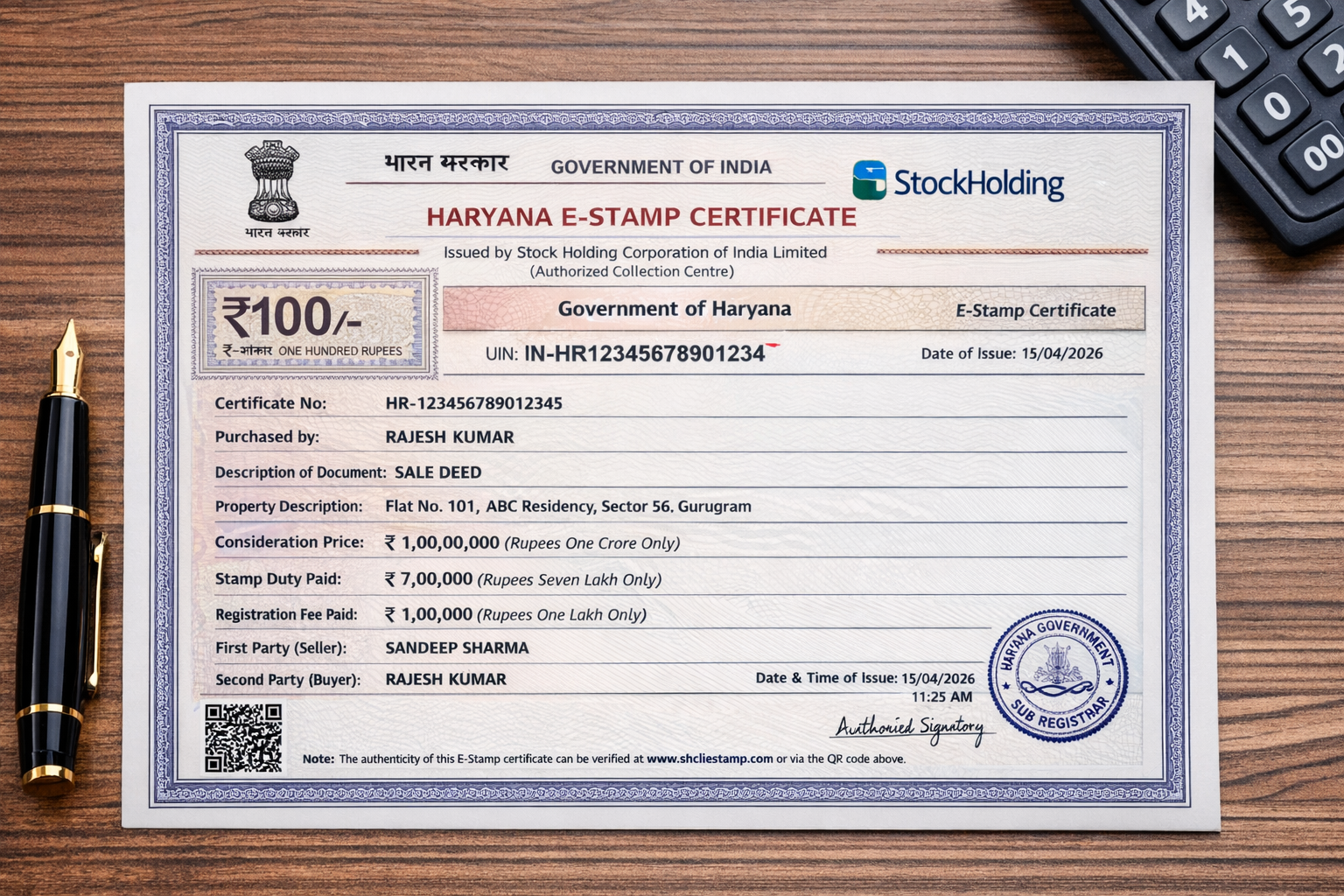 Sample Haryana e stamp certificate used for property registration in Gurgaon