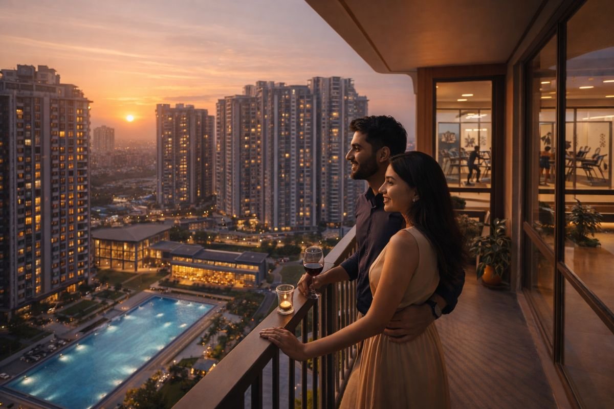 Modern high rise apartment Gurgaon amenities balcony skyline lifestyle