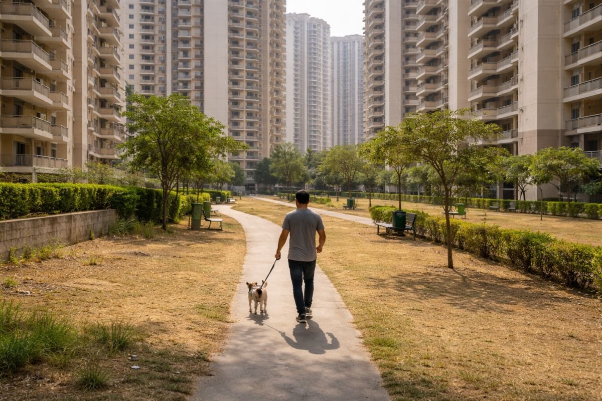 High-rise apartment Gurgaon with limited open space and dog walking on concrete pathway