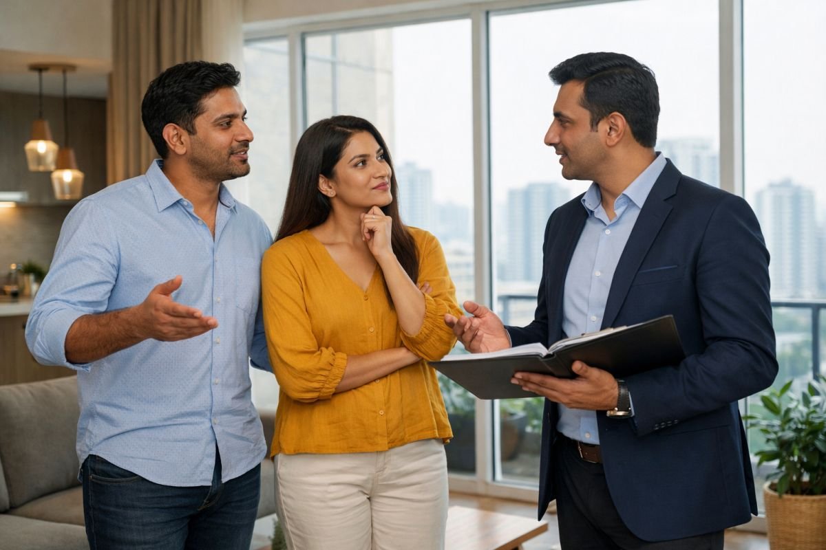 home buyers visiting apartment comparing corner and mid unit flat interior