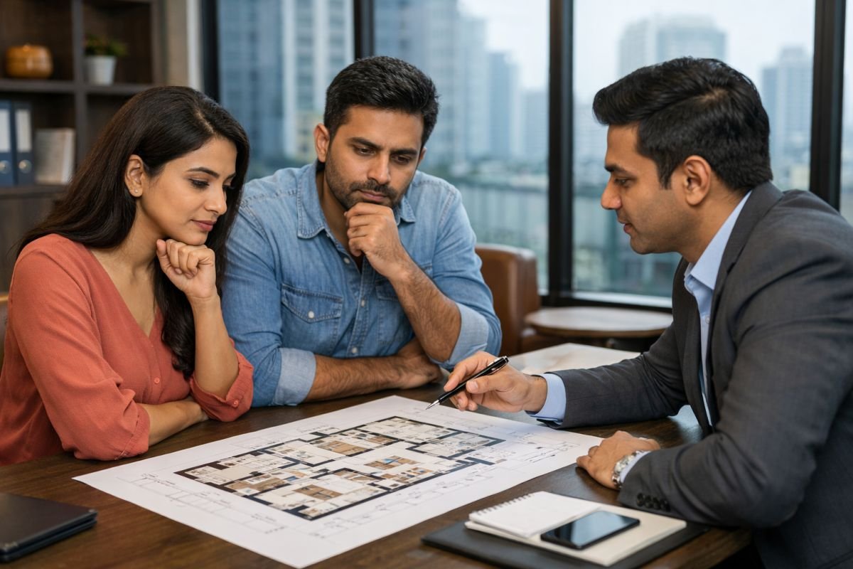 Indian homebuyers discussing apartment layout decision with real estate agent