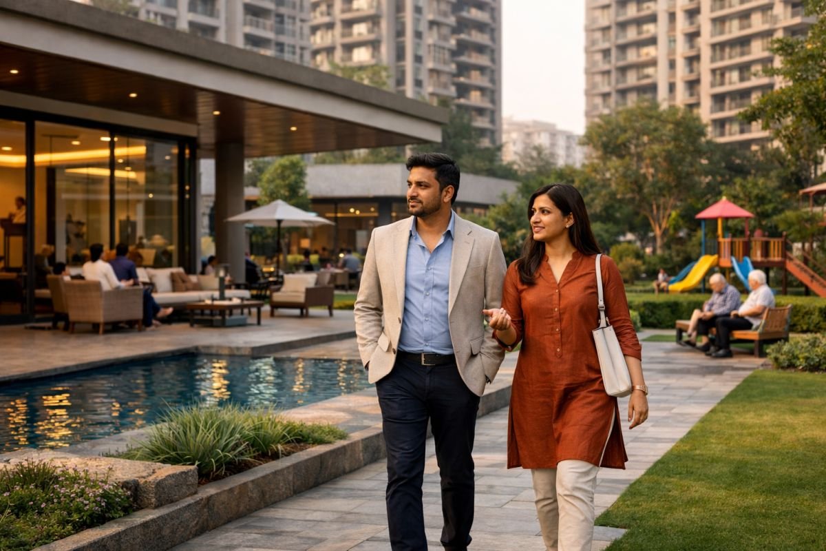 homebuyer visiting residential project checking amenities clubhouse india